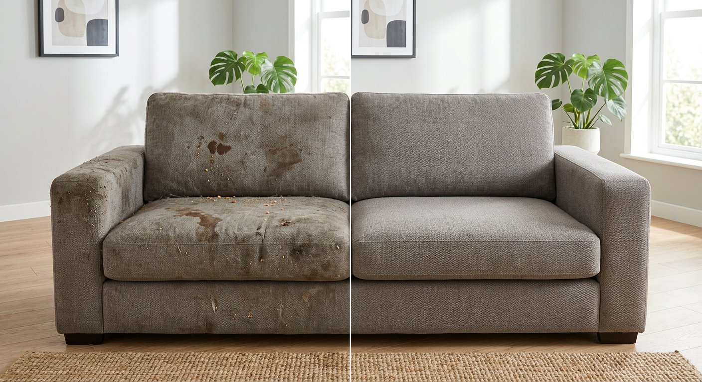 Sofá antes e depois da higienização