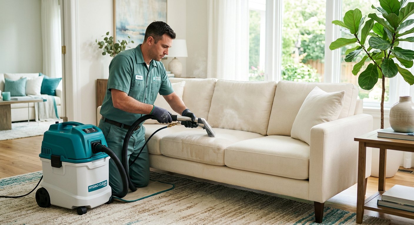 Técnico da Renove higienizando um sofá